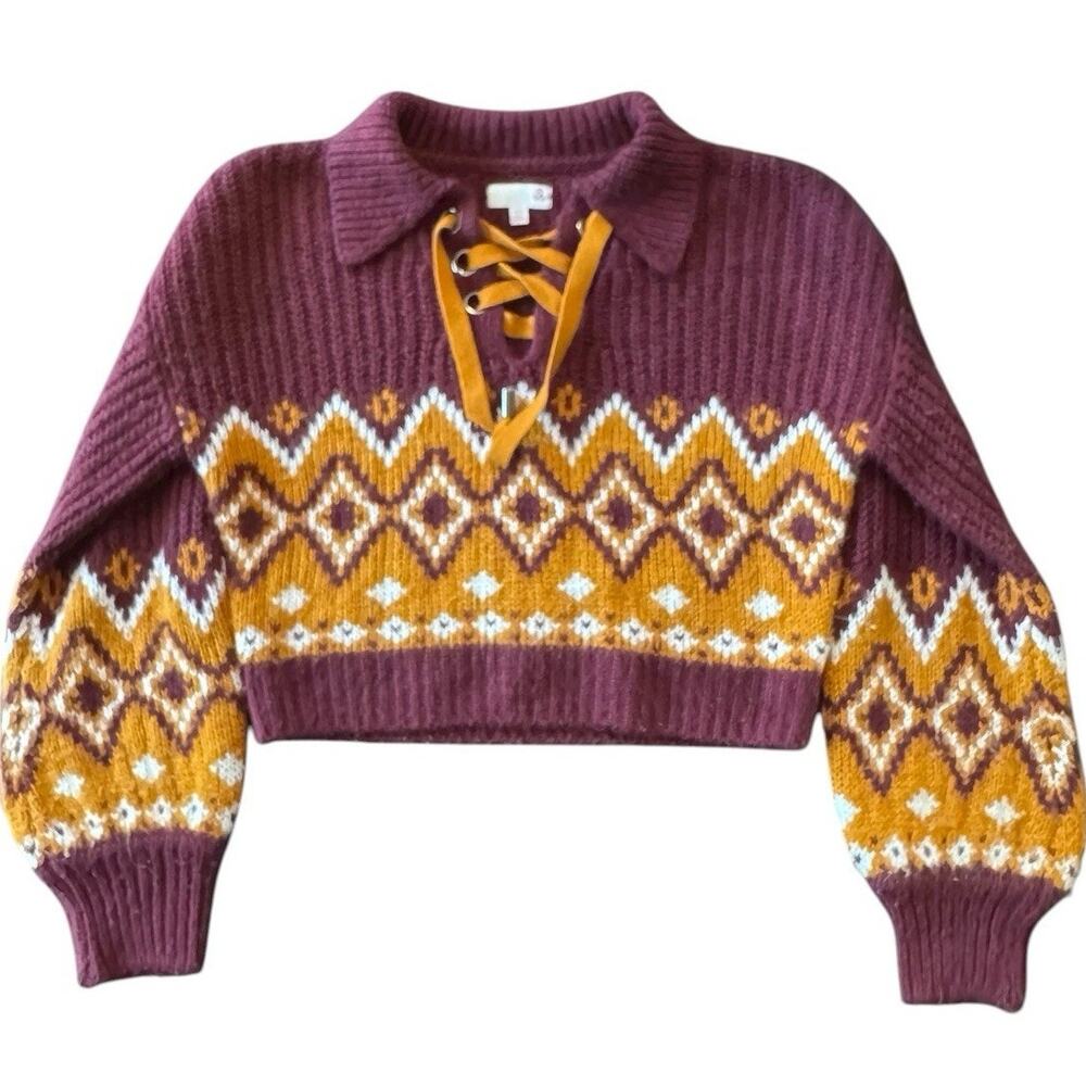 SO Cropped Fair Isle Sweater XS Burgundy Lace Up Collared Y2K Boho Preppy Knit
